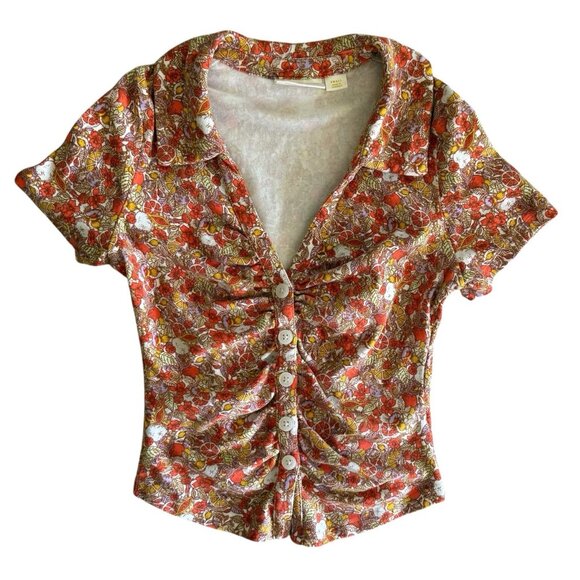 Maeve Anthropologie Womens Ruched Citrus Fruit Button Up Top Size S Orange Artsy - Picture 1 of 10